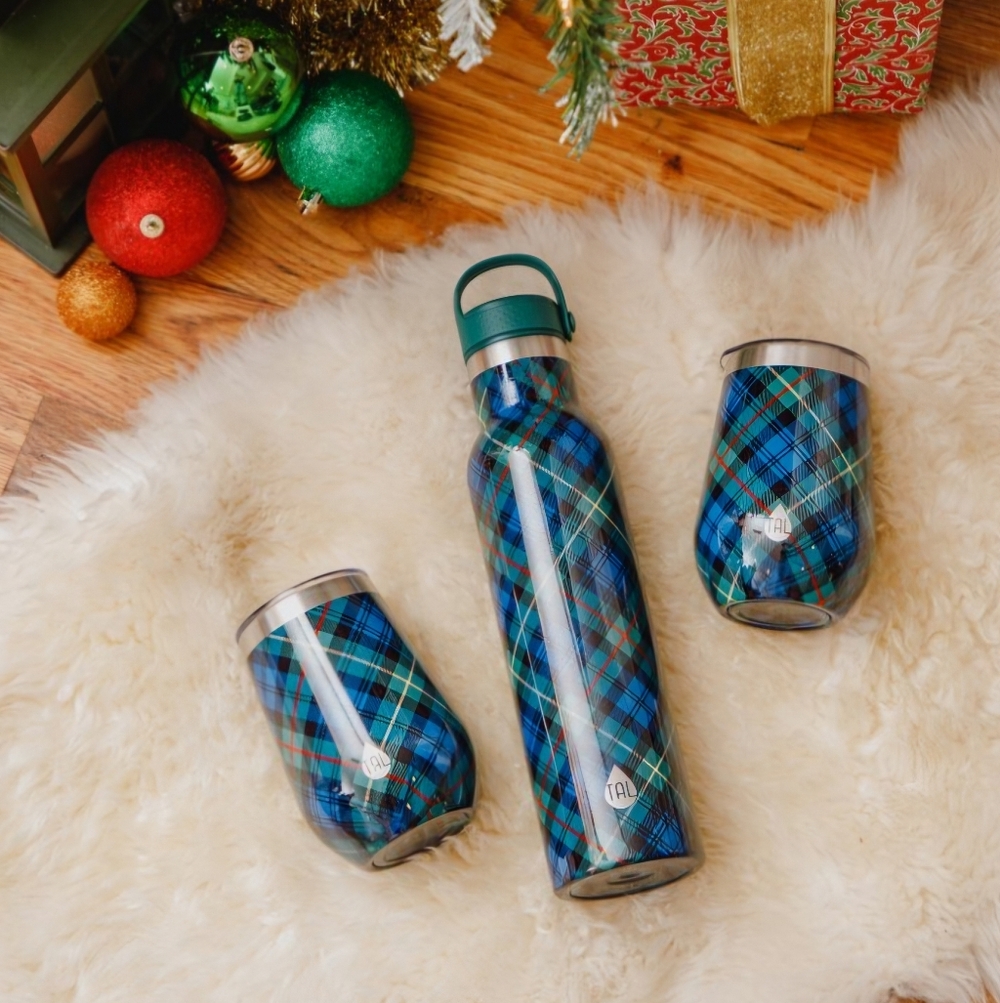 TAL branf, Blue Plaid Insulated Bottle and Tumbler Set (Missing 1 Wine Cup)